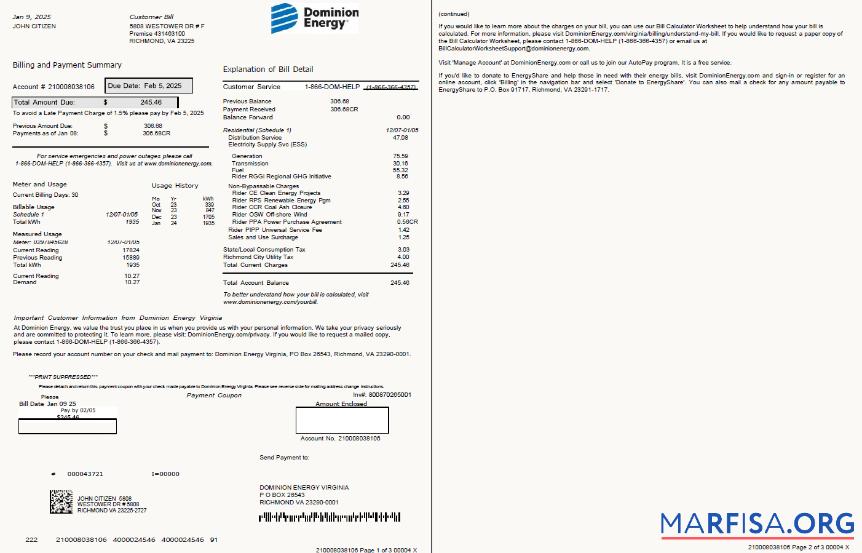 Printable USA Dominion Energy utility bill template in Word and PDF formats, 3 pages, 1 2 pages